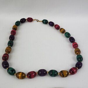 Multicolor Painted Oval Beads W/ Gold Tone Tiny Spacer Beads Necklace